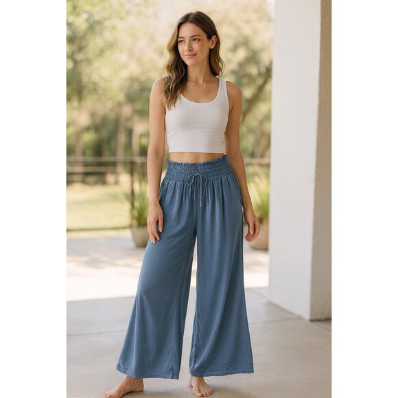 Free People FP Movement MIA Smocked Waist Wide Leg Pull-On Twill Pants | S/M - Picture 1 of 13